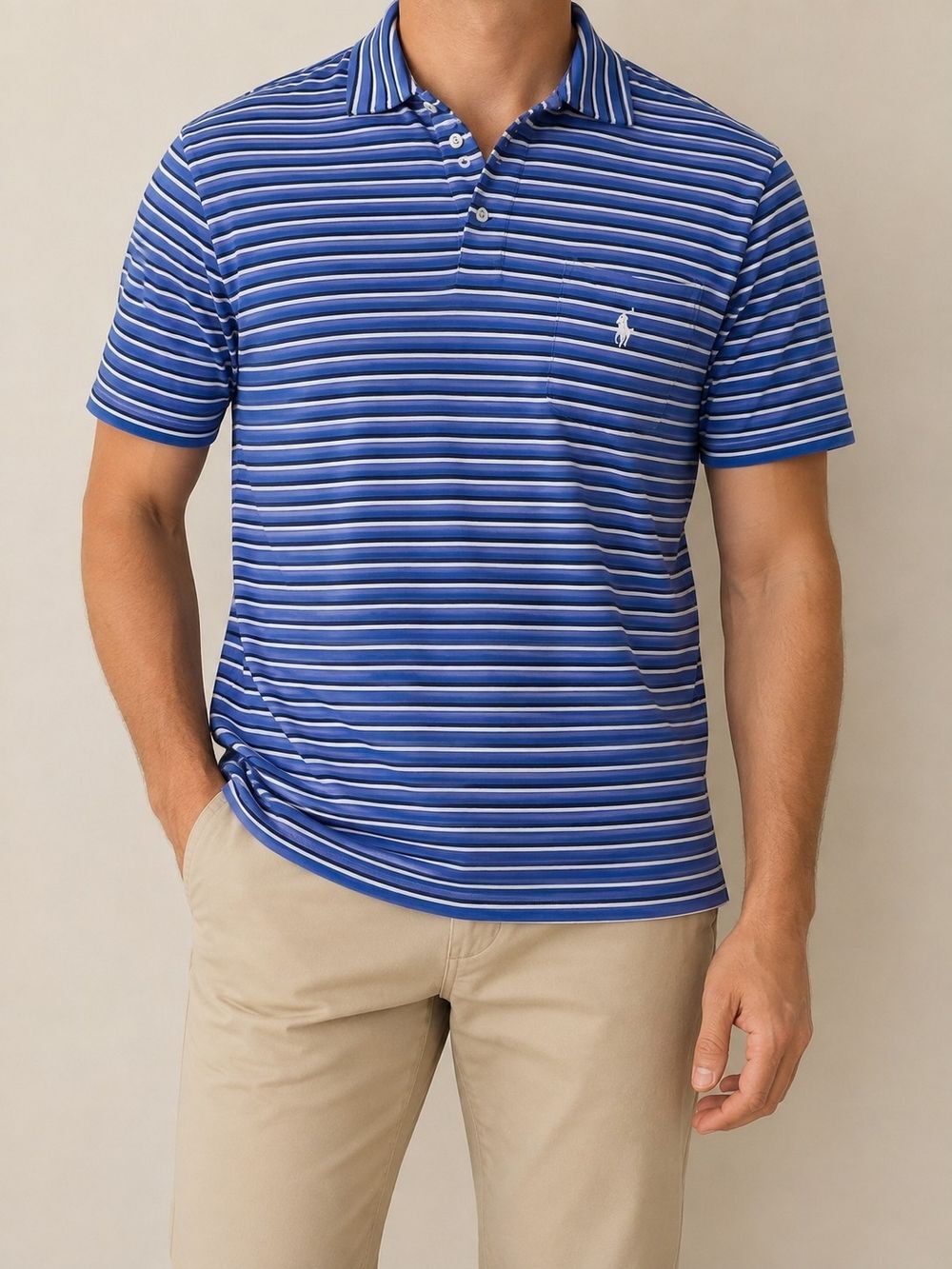 Polo Ralph Lauren Men’s M Blue Striped 100% Cotton Classic Fit Polo Shirt Preppy
